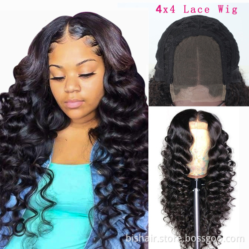BIS Hair Free Shipping Human Hair Wigs 100% remy Indian Human Hair Closure Wig Loose wave 4X4 Lace Front Wig